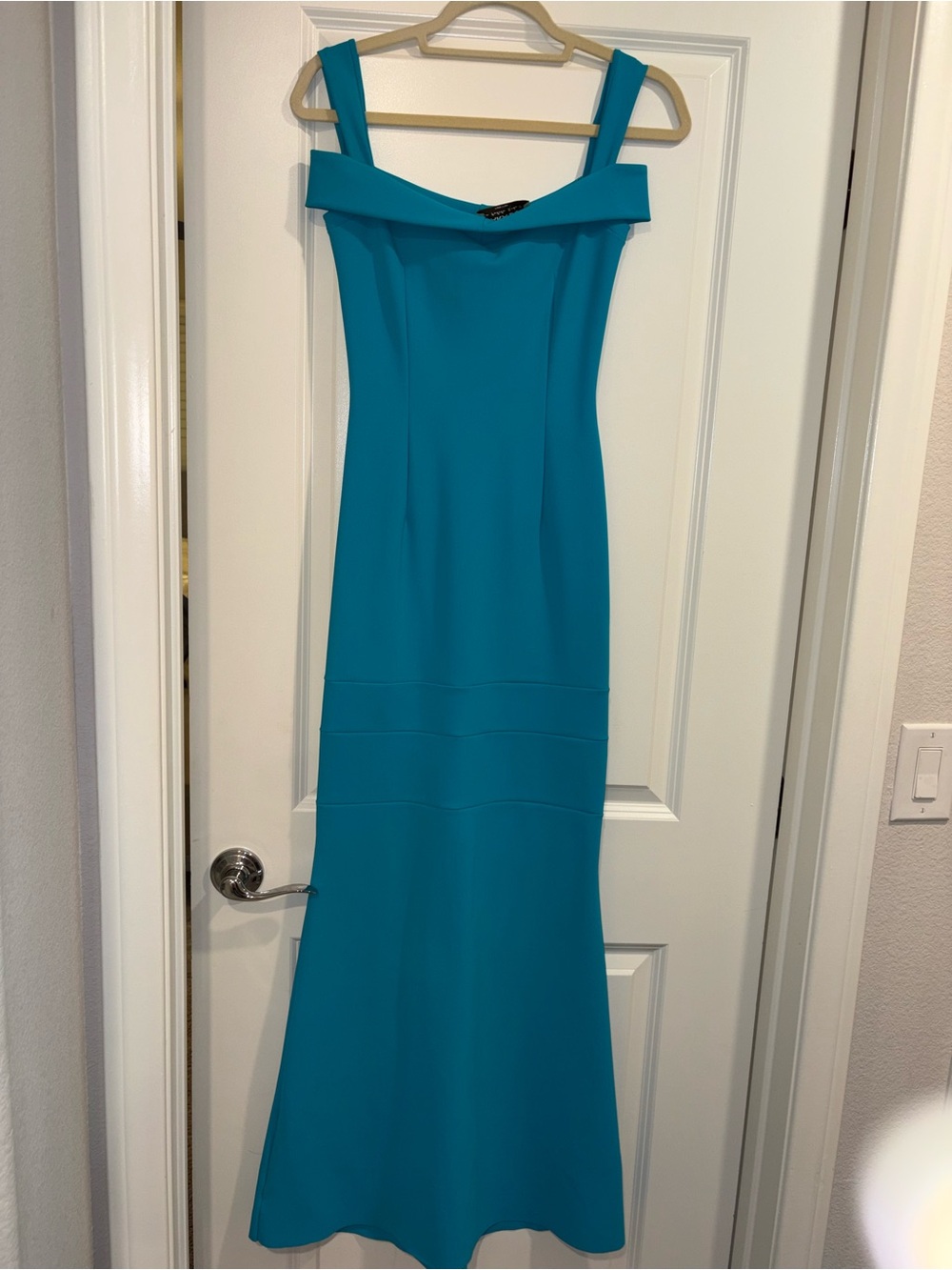 CHIARA BONI LA PETITE Ocean Blue Turquoise Strap Off Shoulder Dress Long Size 38